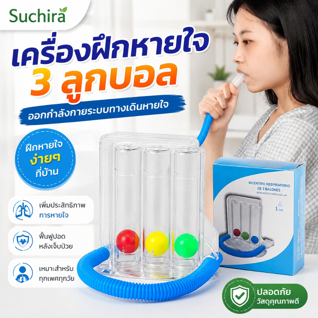 New‑เครื่องช่วยบริหารปอด Triballs Incentive Spirometer แบบ Triflow อุปกรณ์ฝึกออกกำลังการหายใจ สายดูด