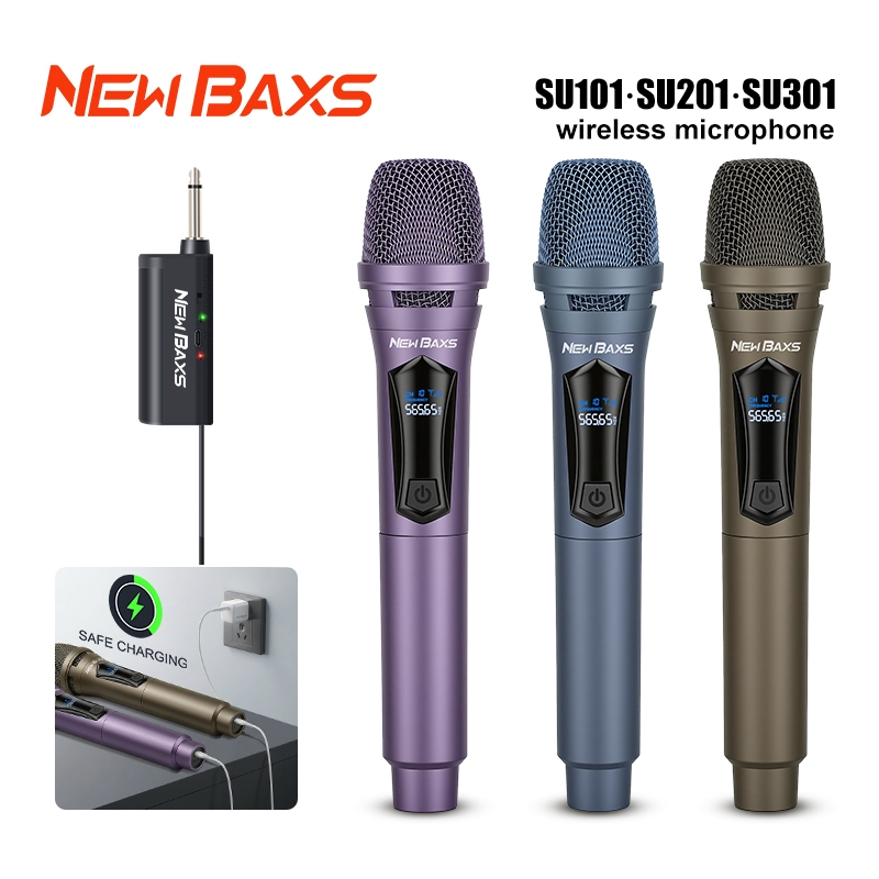 NEW BAXS SU101/SU102 ไมโครโฟนไร้สาย UHF การชาร์จ 5V, Plug and Play 6.5 มม. ระยะรับ 50 ม KTV Karaoke 