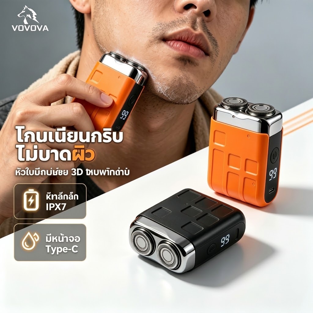 VOVOVA เครื่องโกนหนวดไฟฟ้า มินิ โกนเกลี้ยงไม่บาดผิว หัวคู่ กันน้ำ IPX7 จอดิจิตอล พกพา Mini Shaver
