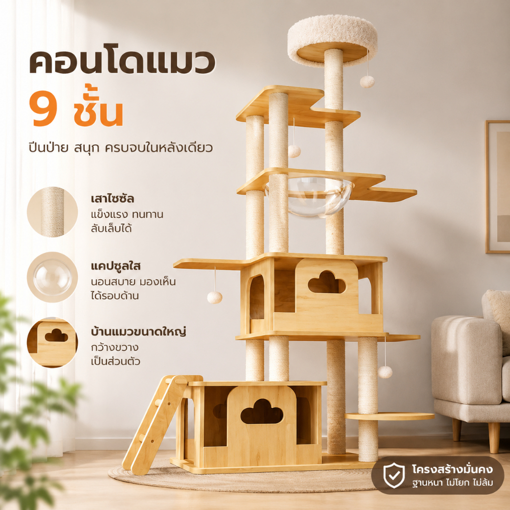 คอนโดแมว คอนโดแมวไม้ บ้านแมว 200CM เหมาะสำหรับเลี้ยงน้องแมว 4-6ตัว เสาลับเล็บ ขนาดใหญ่ สูง170CM