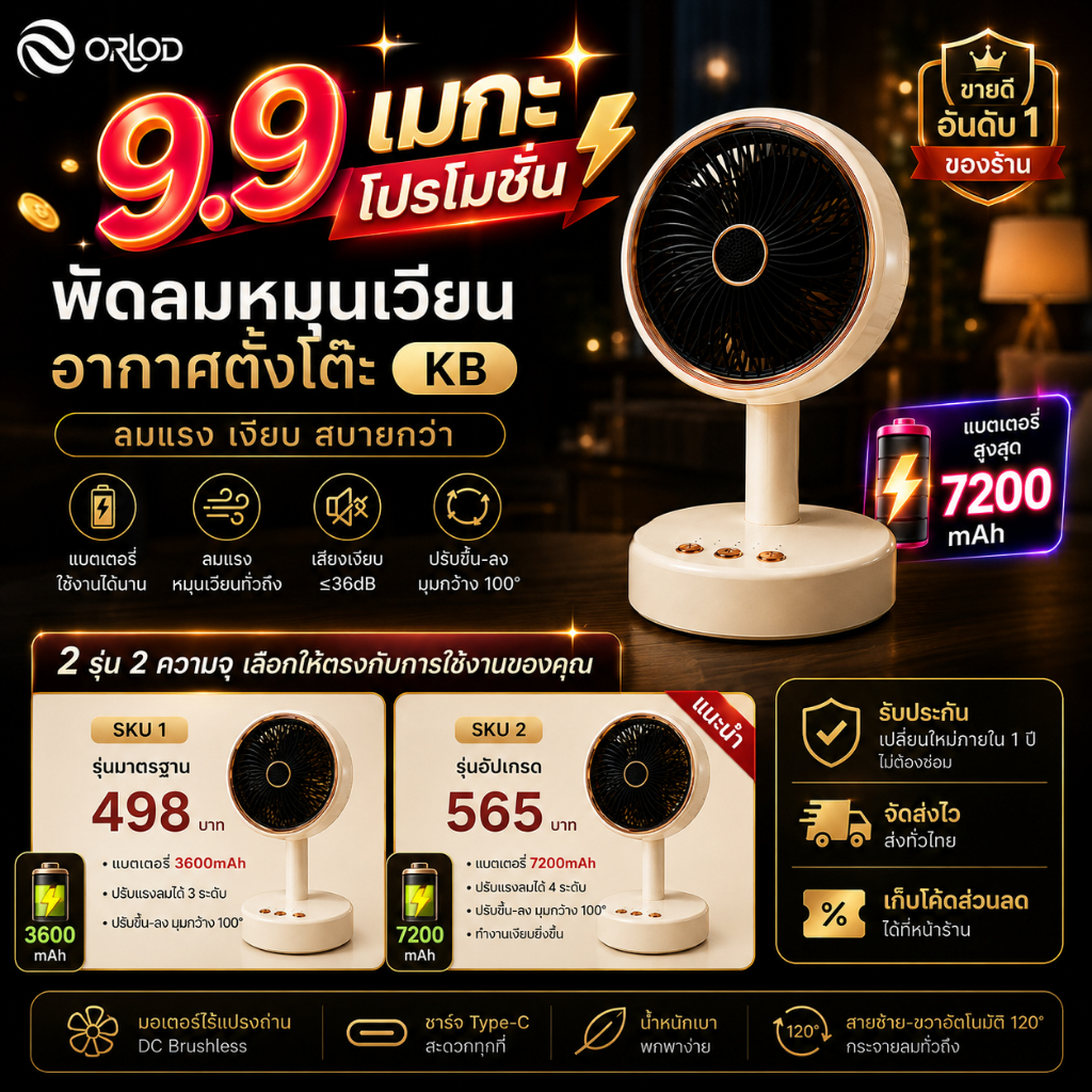 ORLOD พัดลมตั้งโต๊ะ เสียงเงียบ แบตอึด 7200mAh ลมแรง ชาร์จ USB ใช้ในสำนักงาน หอพัก พัดลมพกพา แบตอึด ส่ายหัว 180 องศา
