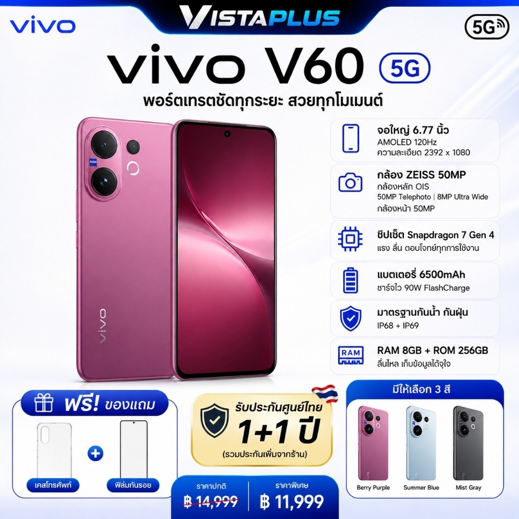 V60 5G 8GB+256GB โทรศัพท์มือถือ AMOLED 120Hz กล้อง ZEISS 50MP แบต 6500mAh ชาร์จเร็ว 90W