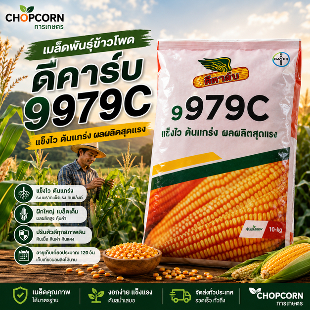ข้าวโพดดีคาล์บ 9979c (3.5 หุน) ขนาด 10 กก. โตไว ฝักเต็ม แถวแน่น สีสวย ได้ผลผลิตสูง