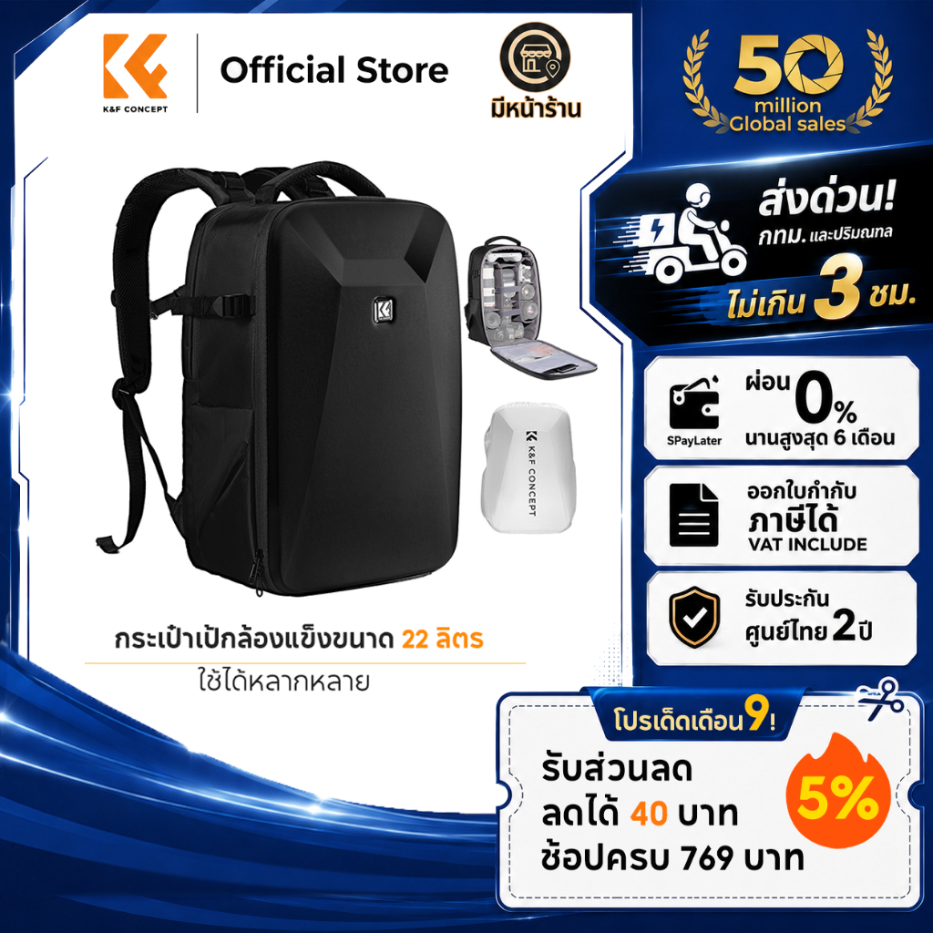 K&F CONCEPT กระเป๋ากล้อง Hard Shell Camera Backpack Waterproof 22L สำหรับกล้อง2ตัว+เลนส์หลายตัว