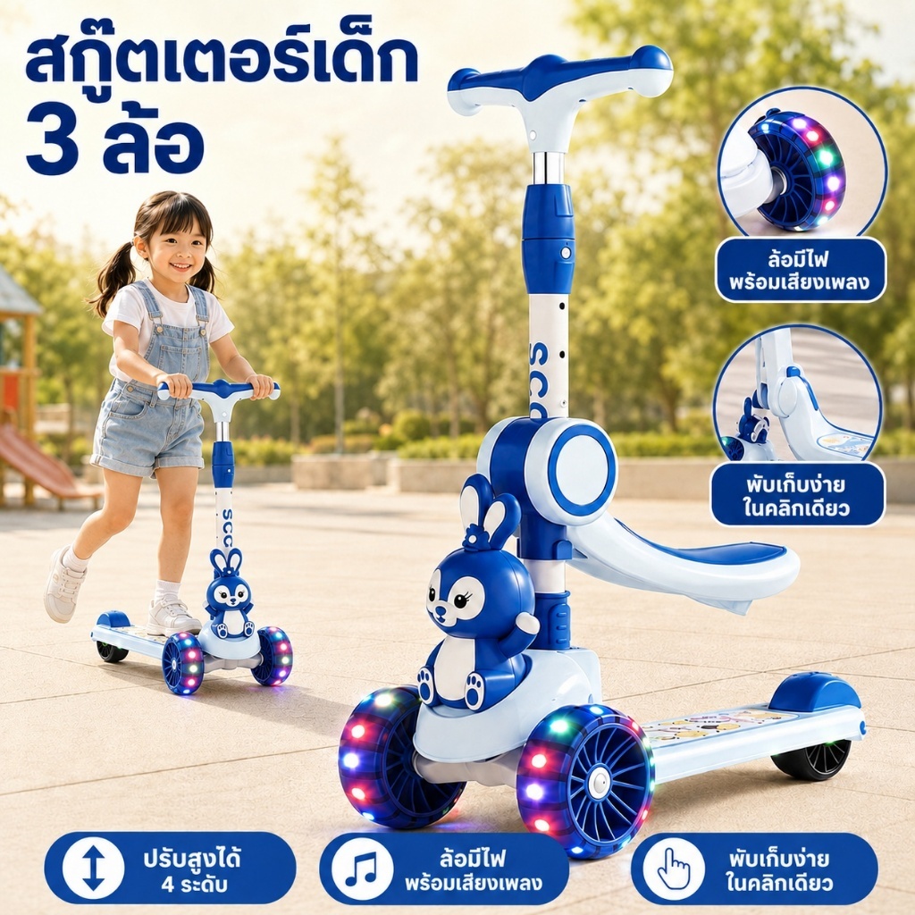 สกู๊ตเตอร์เด็ก 3 in 1 พับได้ ปรับระดับความสูง 4 ระดับ ถอดที่นั่งได้ ล้อ3 ขับขี่นุ่มนวล ของขวัญเด็ก