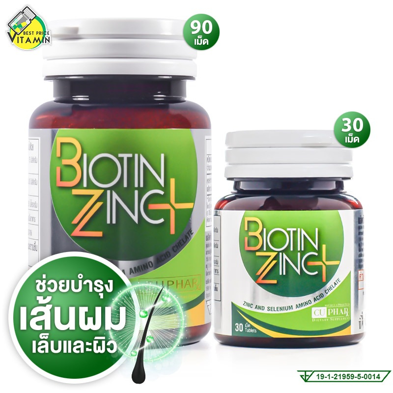 CUPhar Biotin Zinc Plus ซียูฟาร์ ไบโอติน ซิงค์ พลัส [มีให้เลือก 2 ขนาด] อาหารเสริม เพื่อเส้นผม เล็บ 