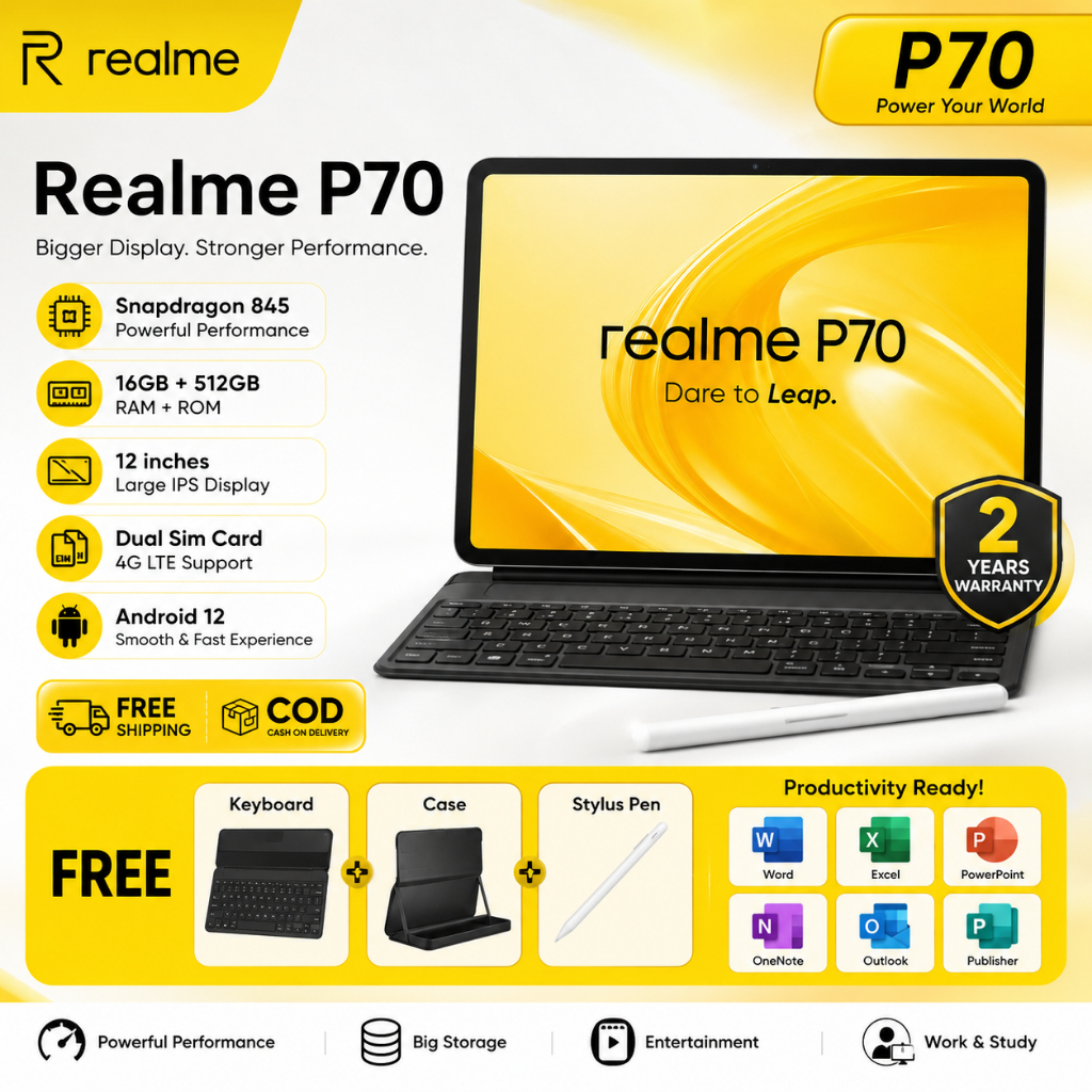 🔥 Realme Pad P70 แท็บเล็ต 12 นิ้ว | 16GB+512GB | Android 12 | รองรับซิม + WiFi | ส่งฟรี