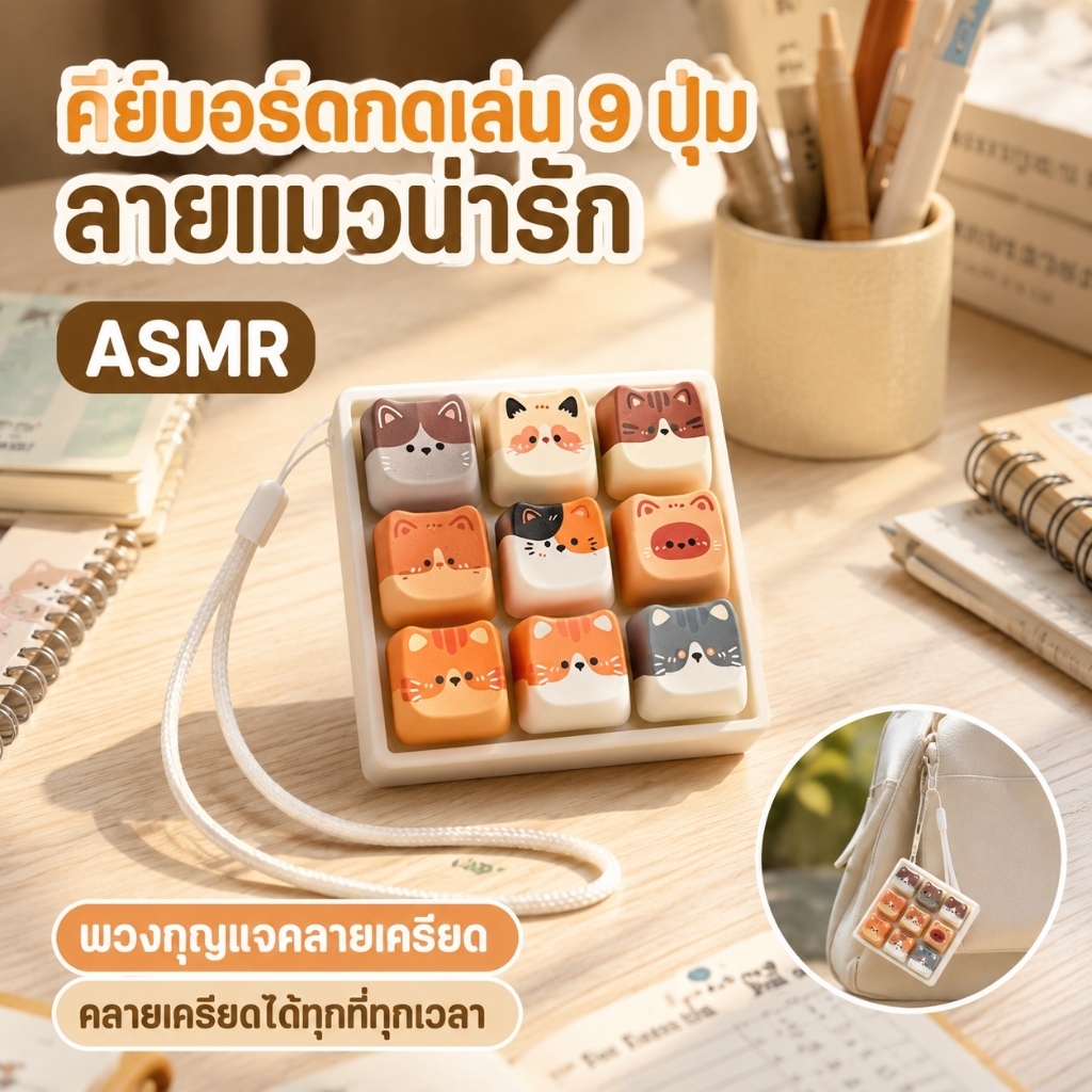 ดีไซน์มินิมอล คีย์บอร์ดแมว ASMR ของเล่นกดคลายเครียด 9 ปุ่มจิ๋ว พกพาสะดวก ใช้เป็นพวงกุญแจหรือของแต่งโต๊ะได้
