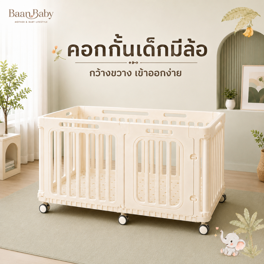 คอกเด็กมีล้อ คอกกั้นเด็ก พร้อมประตู เลือกขนาด 94/124 ซม. มีแบบพร้อมหรือไม่พร้อมเบาะรองคลาน