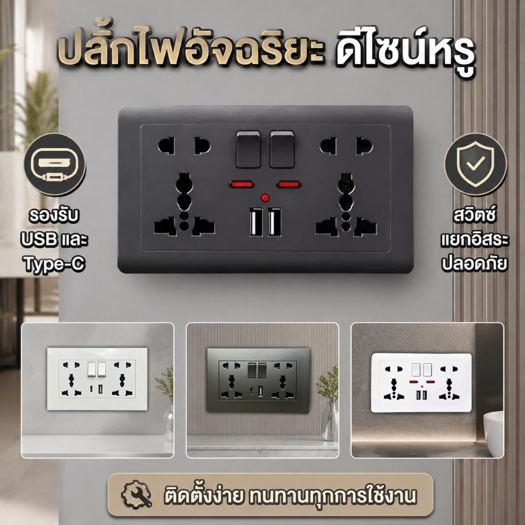 ปลั๊กไฟฝังผนัง 146 รุ่น สีเทา ดีไซน์ทันสมัย รองรับปลั๊กนานาชาติ พร้อมช่องชาร์จ USB คู่ 2 ช่อง
