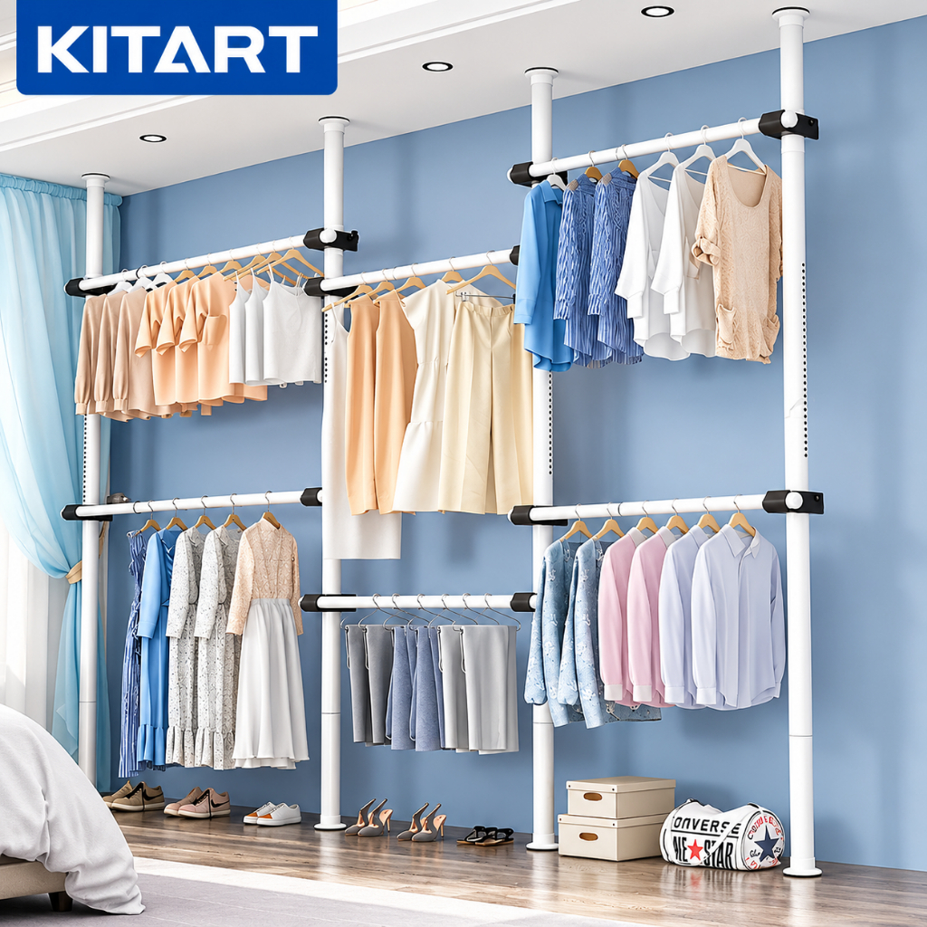 KITART ราวตากผ้า ไม่ต้องเจาะเพดาน รแบบยืดไสลด์ราวแขวนเสื้อ ประหยัดพื้นที่