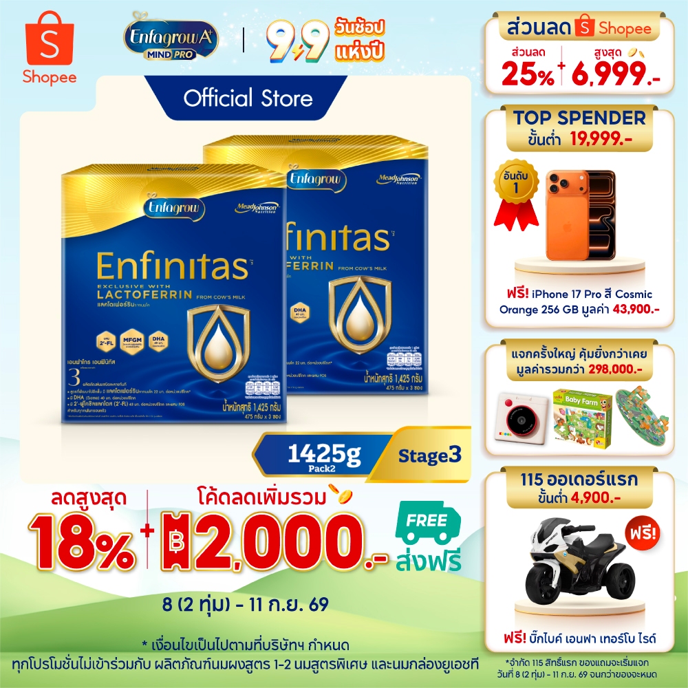 นมผง เอนฟาโกร เอนฟินิทัส สูตร3 (1425 กรัม) x2 กล่อง Enfagrow Enfinitas Stage3 (1425 g) x2 packs