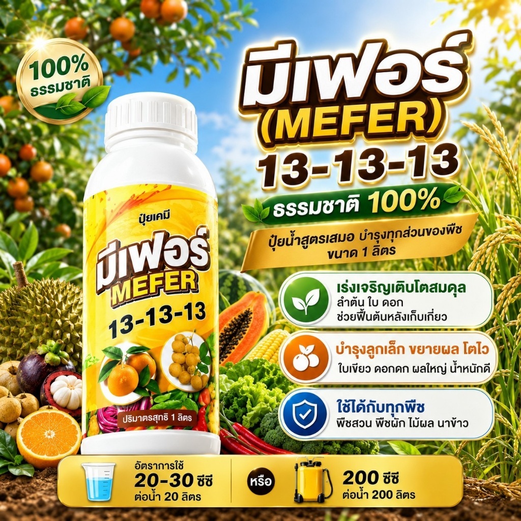 มีเฟอร์ 13-13-13 ปุ๋ยน้ำสูตรเสมอ 1 ลิตร บำรุงต้น ใบ ดอก ผล โตสม่ำเสมอ ใช้ได้ทุกพืช