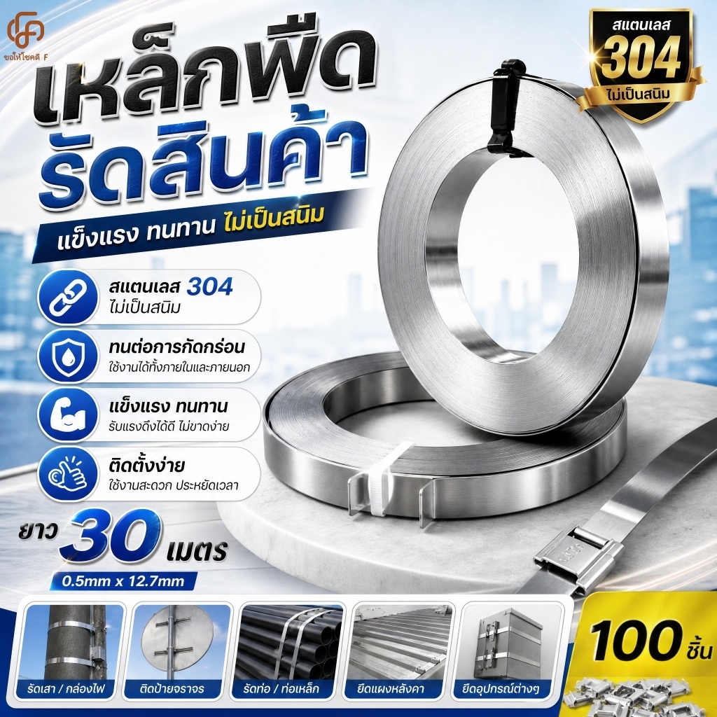 ผูกสายสแตนเลส สายรัดท่อไอเสีย สเตนเลส เคเบิ้ลไทร์สแตนเลส 304 เหล็กรัดท่อ Cable ties 0.5MM x 12.7MM ยาว 30 M