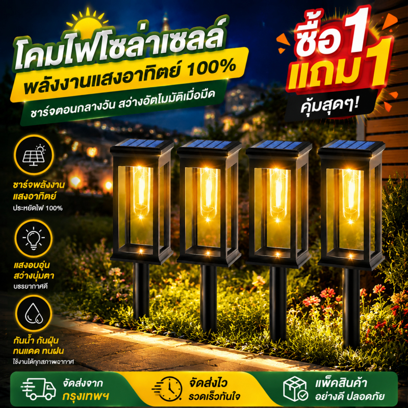【พร้อมส่งจ้า】ไฟปักสนาม LED โซล่าเซลล์ IP65 กันน้ำ เปิดอัตโนมัติ ค่าไฟ0บาท เสียบปุ๊บใช้ปั๊บ ติดตั้งง่าย สวน