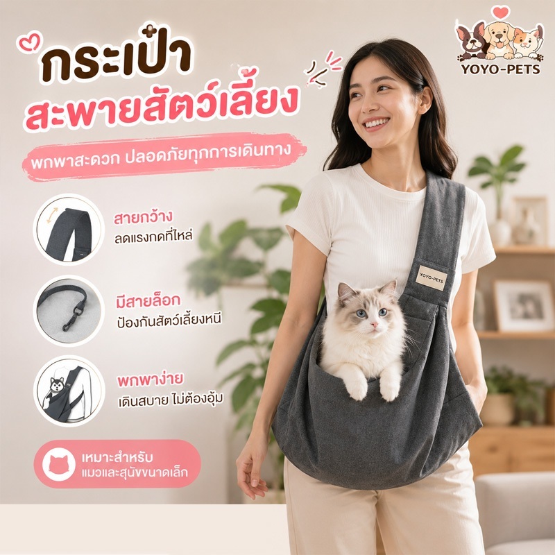 กระเป๋าสุนัข กระเป๋าสะพายแมว กระเป๋าสะพายสัตว์เลี้ยง สะดวกสบาย มีสายล็อกปลอกคอ สายสะพายกว้าง