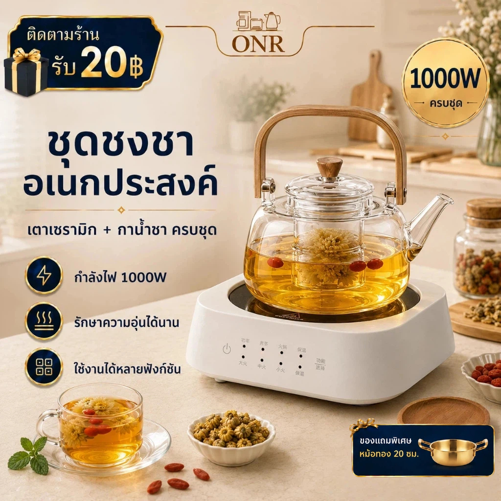 ONR เตาไฟฟ้าเซรามิก 1000W พร้อมกาน้ำชาแก้ว 1000ml ระบบสัมผัส ปรับร้อน 3 ระดับ ตัดไฟเมื่อน้ำแห้ง