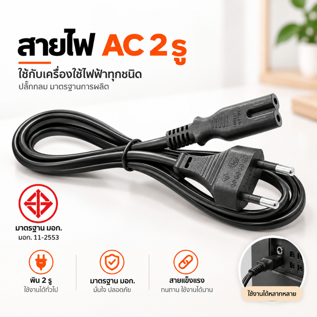 สายไฟAC 2รูใช้กับเครื่องใช้ไฟฟ้าทุกชนิด มีมาตรฐานการผลิต สายปลั๊กกลม มอก. ไม่มีกราวด์