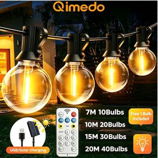 Qimedo ไฟโซลาร์สาย G40 ทนน้ำ IP65 ควบคุมระยะไกล 8 โหมด ไฟ LED แบบวินเทจ เหมาะสำหรับตกแต่งสวนกลางแจ้ง ไฟประดับรูปแบบ E12