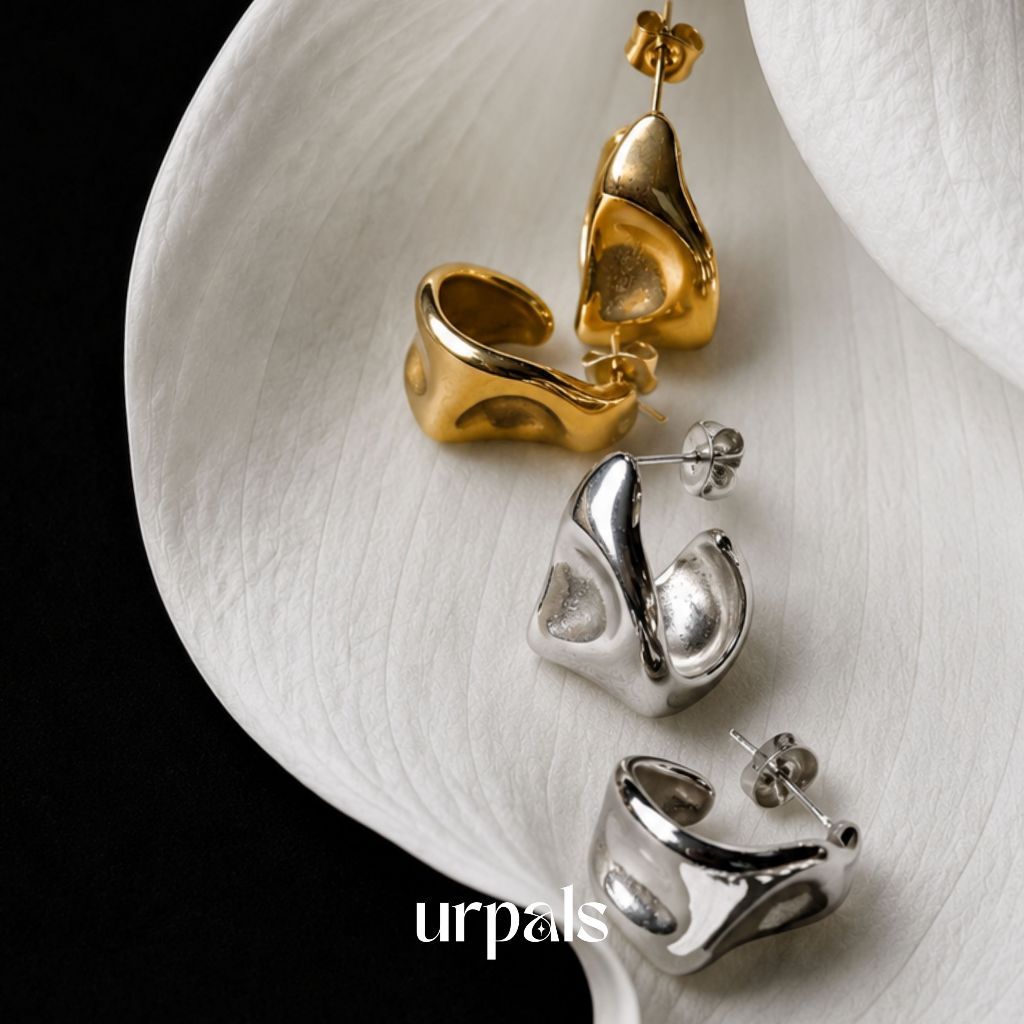 URPALS ต่างหูสีทอง ต่างหูStud ลาย crumpled ตัวเรือน Stainless ชุบทอง 18K แพ้ง่ายใส่ได้