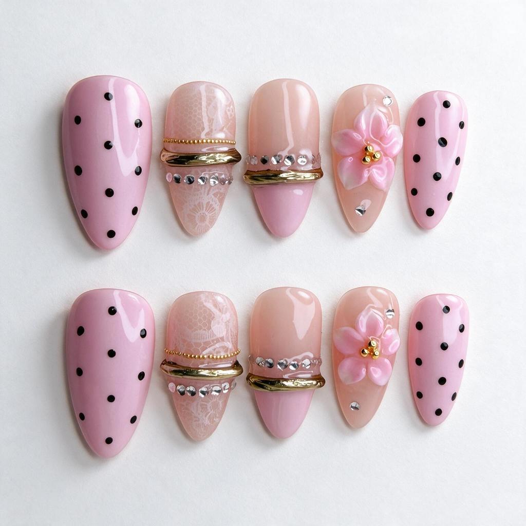 Handmade// เล็บปลอมเจลแท้ ดอกไม้ปั้นนูน Polka dot สีชมพู