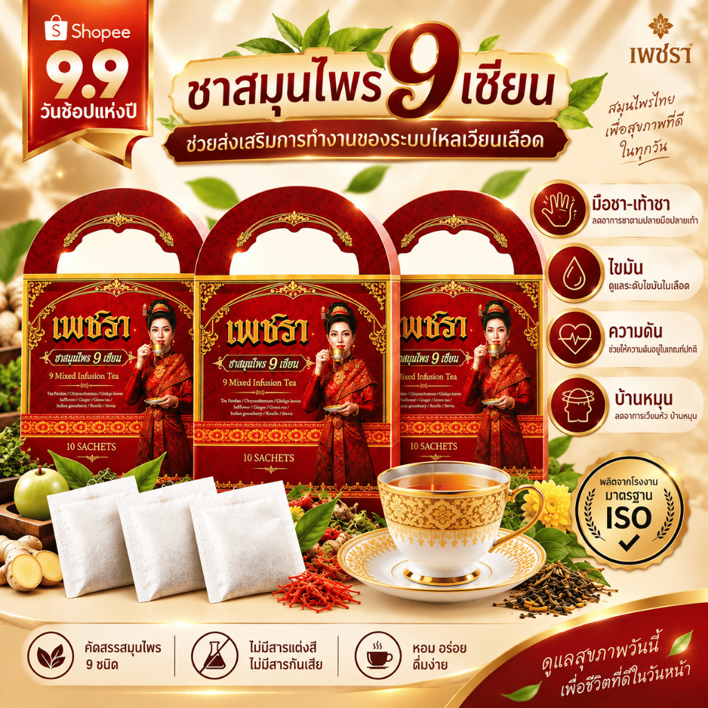 Phetchara(เพชรา)ชาสมุนไพร 9 ชนิด I ชาเลือดหนืด ดูแลการไหลเวียน เบาสบาย สดชื่นจากข้างใน I กลิ่นเก็กฮวย I 1 ห่อ 10 ซองชา