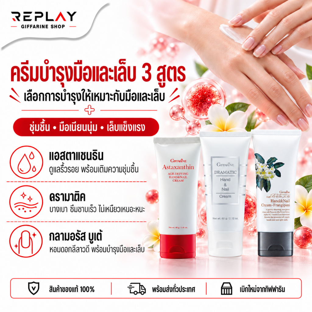 กิฟฟารีน ครีมทามือและเล็บ 3 สูตร ดรามาติค แอสตาแซนธิน กลามอรัส ชุ่มชื้น ลดริ้วรอย 40/60 กรัม