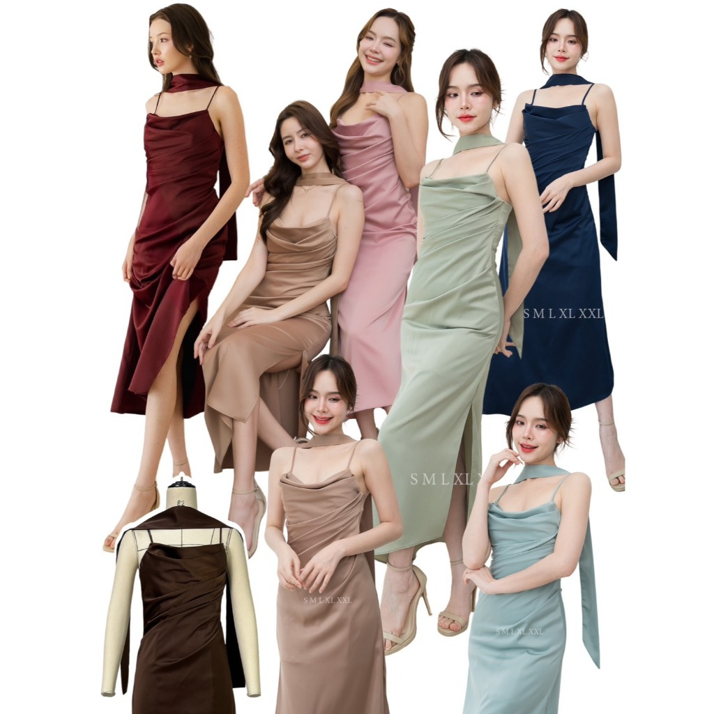 ชุดออกงาน ชุดเพื่อนเจ้าสาว koolykool(พร้อมส่ง S-L) สายเดี่ยวคอถ่วงจีบข้างแถมสาย kk092
