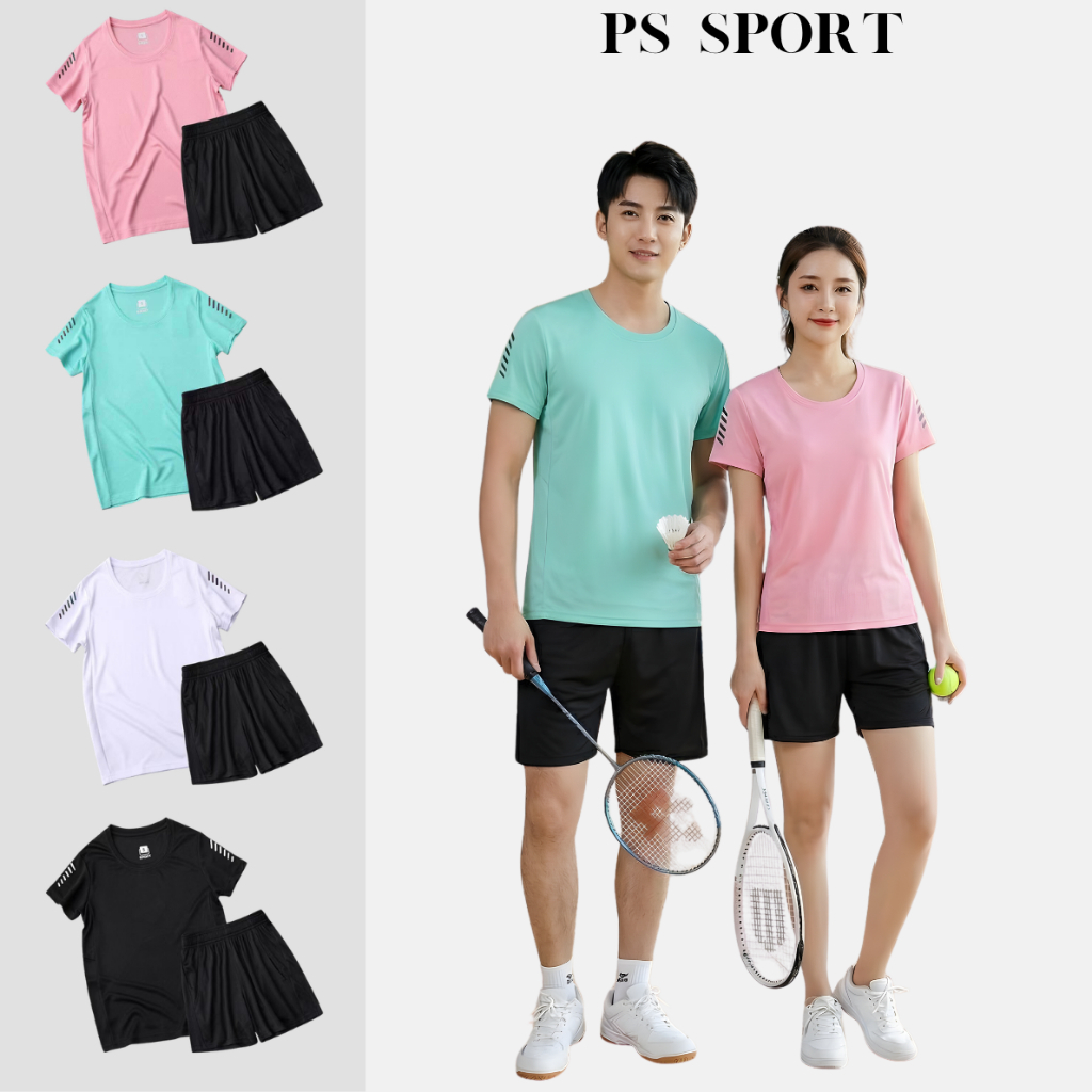 ps sport ชุดกีฬา 2ชิ้น (เสื้อเชิ้ตแขนสั้น+กางเกงขาสั้น)ชุดคู่ชายและหญิง ขอบเอวยางยืด มีกระเป๋าข้าง มีเชือกผูก #10-C11