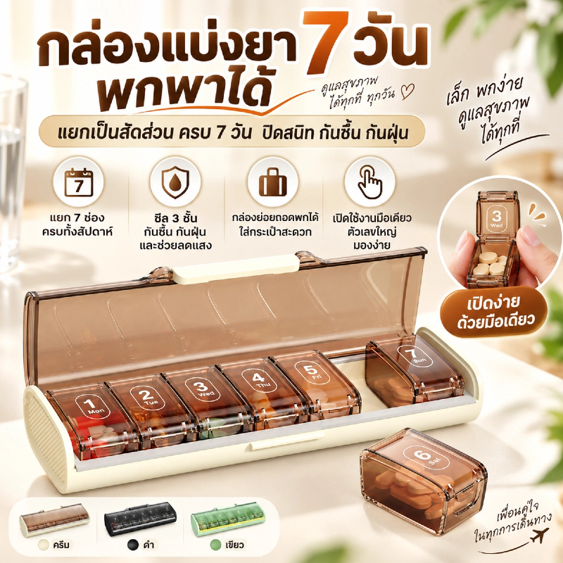 ⚡️Fast delivery⚡กล่องใส่ยา 7 ช่อง พกพา ปิดสนิท กันแสง แยกยาได้ 7 วัน