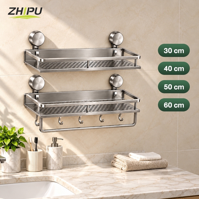 ZHIPU ชั้นวางของติดผนังแบบสุญญากาศ 30-60 ซม. ปรับระดับได้ พร้อมตะขอแขวน ไม่ต้องเจาะผนัง สำหรับห้องน้ำ