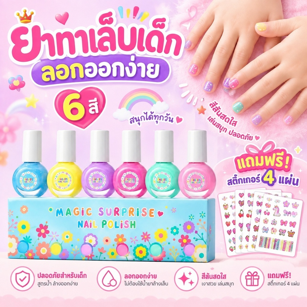 สีทาเล็บเด็กลอกออกได้ ไม่ต้องอบ น้ำยาทาเล็บเด็ก เซ็ต6ขวดๆ ปราศจากสารเคมีอันตราย ยาทาเล็บพิเศษสำหรับเด็กหญิงตัวเล็ก