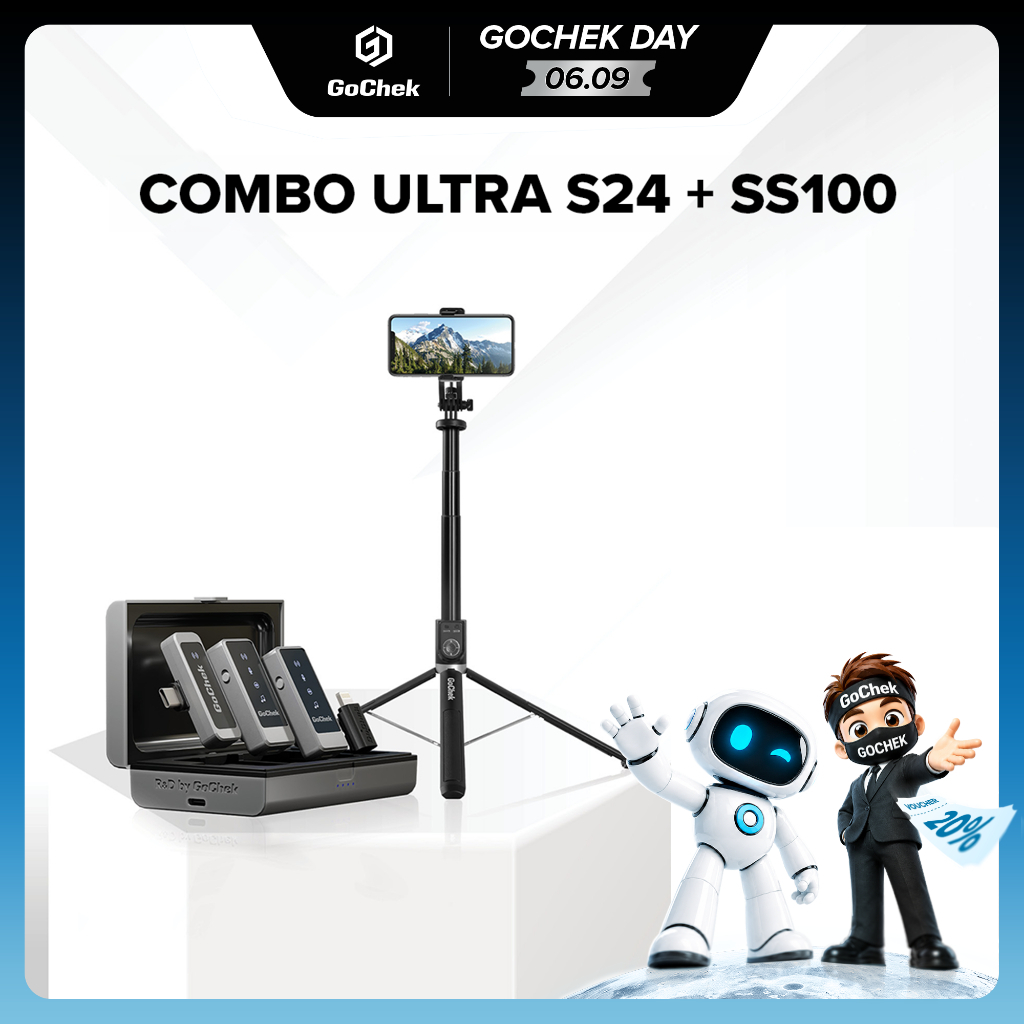 คอมโบไมค์ไร้สาย GoChek S24 + ไม้เซลฟี่ tripod/ขาตั้งกล้อง คอมโบอเนกประสงค์ เหมาะสำหรับไลฟ์สด ถ่ายวิด