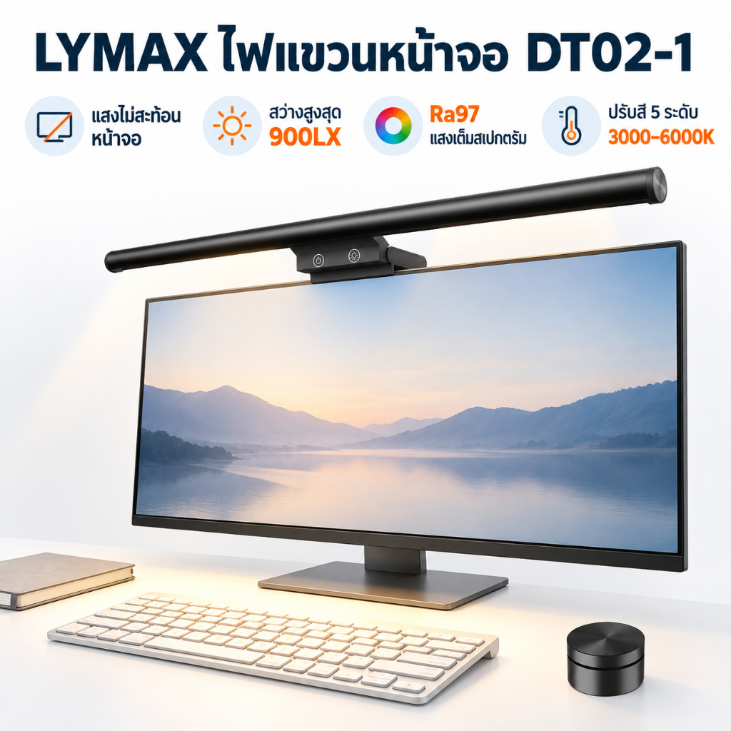LYMAX DT02-1 ไฟติดจอเกมมิ่ง โคมไฟติดจอคอม Monitor Light Bar ถนอมสายตา ลดแสงสะท้อน 900LUX Ra97 ปรับคว