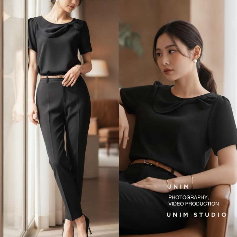 UNIM เสื้อคอกลม Drape Bow Blouse ผ้าครัชสีดำ