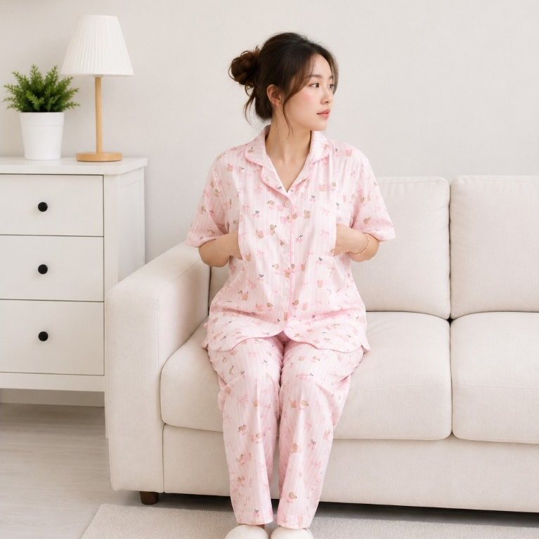 ชุดนอนให้นม - Hugaboo (Pink dogstrip) แขนสั้น-ขายาว