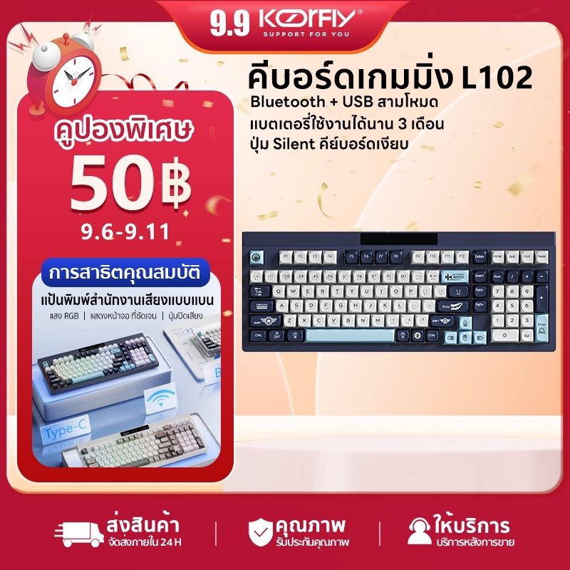 [Smart Screen] LANGTU L102 คีย์บอร์ดไร้สาย RGB เชื่อมต่อ 3 ระบบ แป้นพิมพ์ภาษาไทย บางเฉียบ กันน้ำ สำห