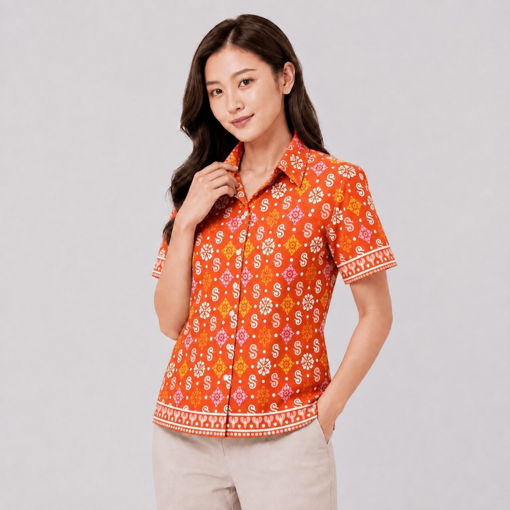 เสื้อเชิ้ตผ้าไทย ลายดอกรักราชกัญญา ชาย-หญิง เสื้อทำงาน ใส่ราชการ ผ้าคอตตอนอัดกาว บ้านรอดวงษ์