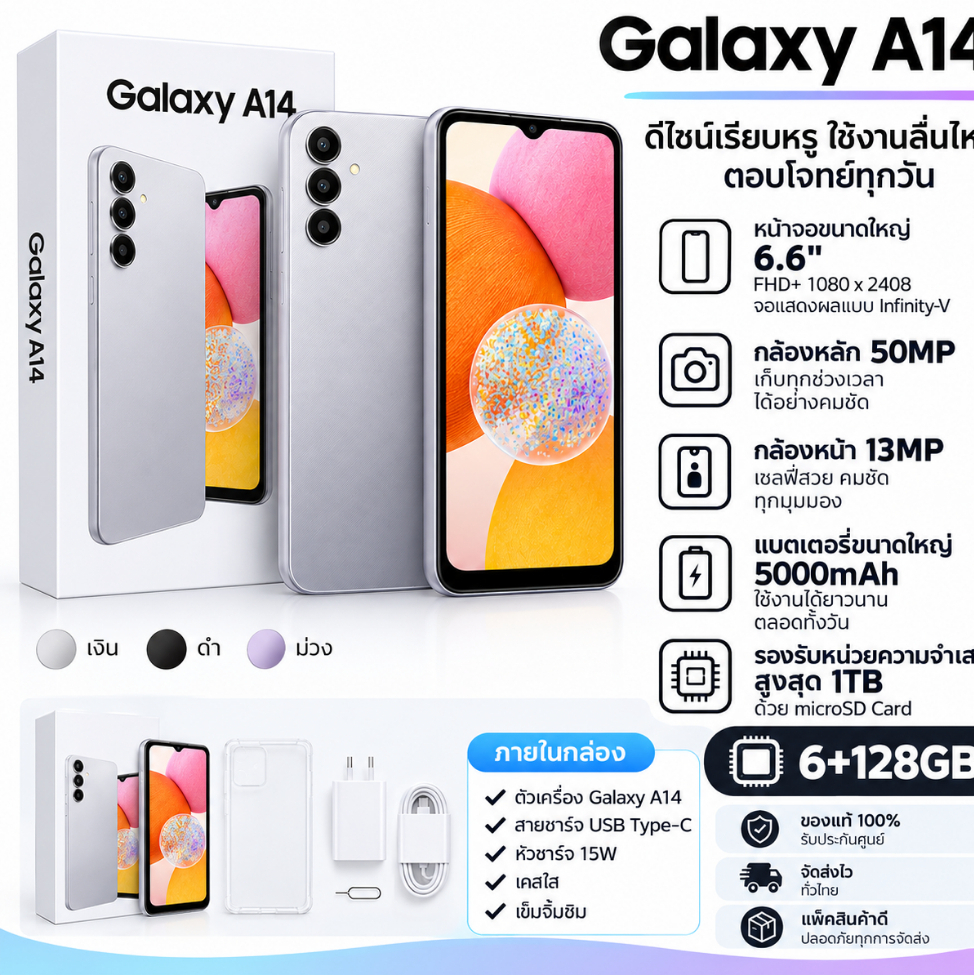 Samsung Galaxy A14 6+128GB สมาร์ทโฟน หน้าจอใหญ่ กล้องคมชัด แบตเตอรี่ใช้งานยาวนาน เครื่องศูนย์ไทย พร้อมของแถม ราคาพิเศษ