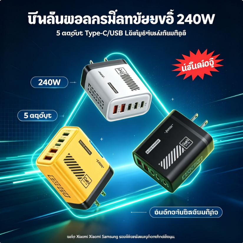 อะแดปเตอร์ชาร์จเร็ว 240W 5 พอร์ต Type-C/USB ชาร์จไวปลอดภัย สำหรับ Xiaomi Samsung และสมาร์ทโฟนทั่วไป