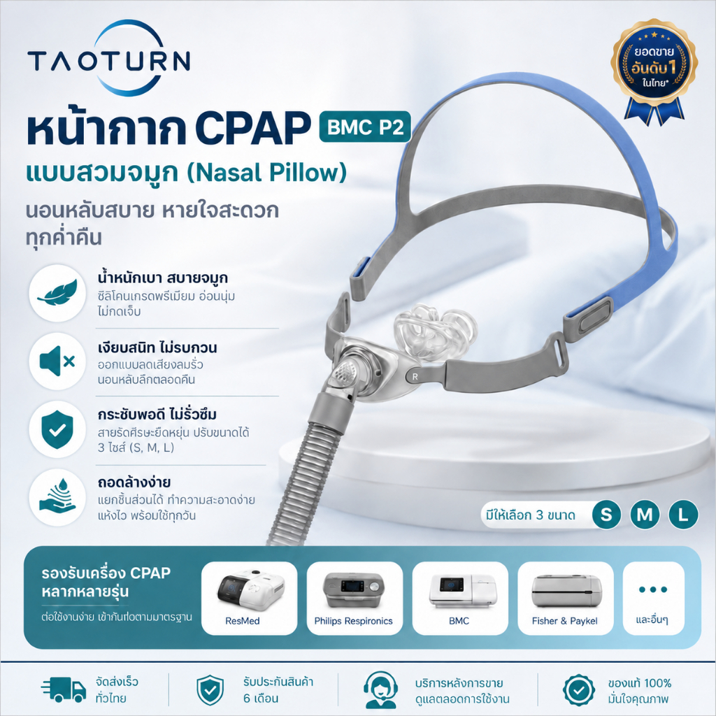 หน้ากาก cpap BMC P2 หมอนรองจมูก ซิลิโคน 3 ขนาด S/M/L พร้อมอุปกรณ์ 22 มม. เหมาะสําหรับเครื่อง CPAP เชื่อมต่อท่อและจมูก
