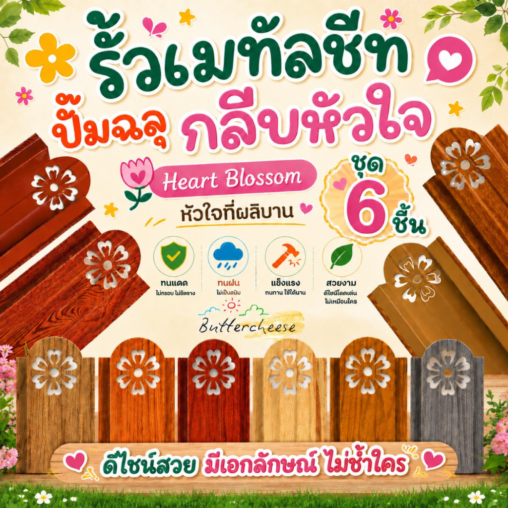 รั้วเมทัลชีท ลอนรั้วเมทัลชีท "ปั้มฉลุ กลีบหัวใจ" (110-200cm.) ลายไม้ หน้ากว้าง 10cm. หนา0.35มิล