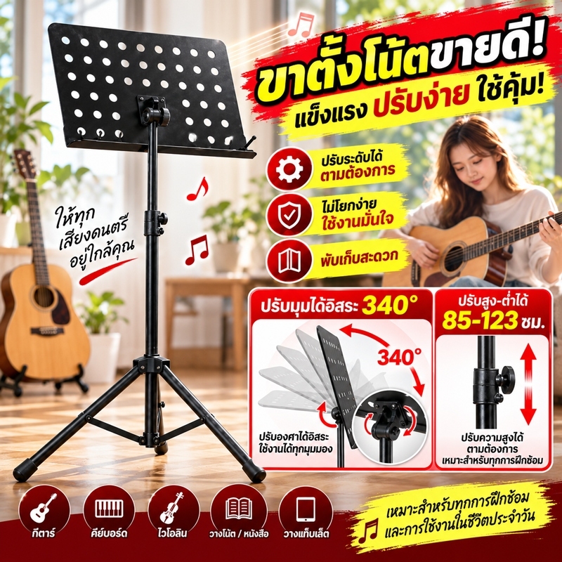 รับประกัน5ปี🔥ขาตั้งเพลง ที่วางโน๊ตเหล็ก ขนาดใหญ่ ยกลงอิสระ ปรับมุมได้ แท่นวางเพลงพับได้ขนาด ขาตั้งดนตรีแบบพกพา
