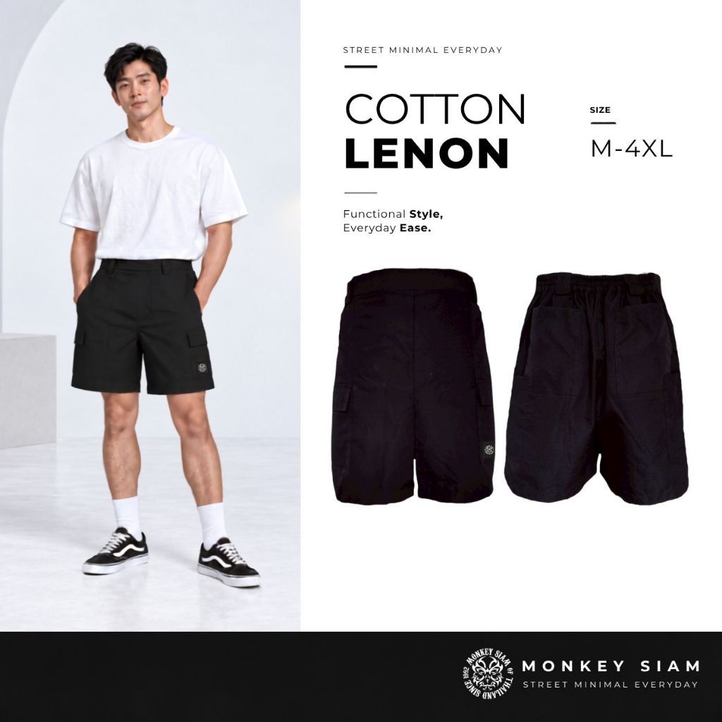 Monkey Siam | Cotton Lenon - กางเกงคาร์โก้ Cargo  M-4XL เอว 25-48 เอวยางยืด ขาสั้นผู้ชาย กระเป๋าหน้า