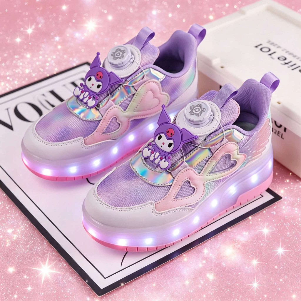 รองเท้าroller skates Kuromi สำหรับสาวน้อย มีไฟLEDสว่างสวย ล้อถอดได้ สวมใส่สบาย เหมาะใส่เล่นกีฬาและไปโรงเรียน