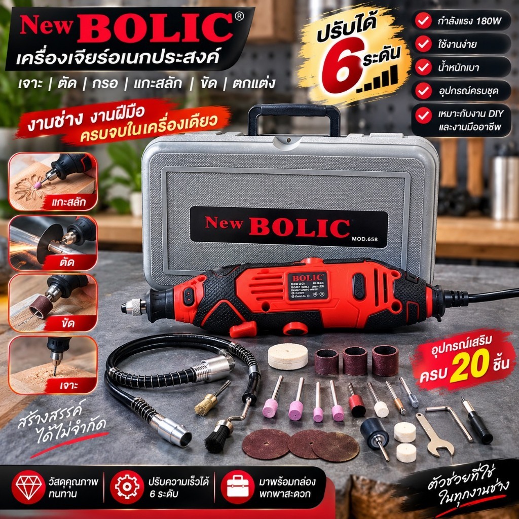 NEW BOLIC เครื่องเจียร์ เครื่องกรอ สว่านไฟฟ้า แกะสลัก เจาะ ตัด กรอ ปรับได้ 6 ระดับ พร้อมดอกและอุปกรณ์เสริม 20ชิ้น MY
