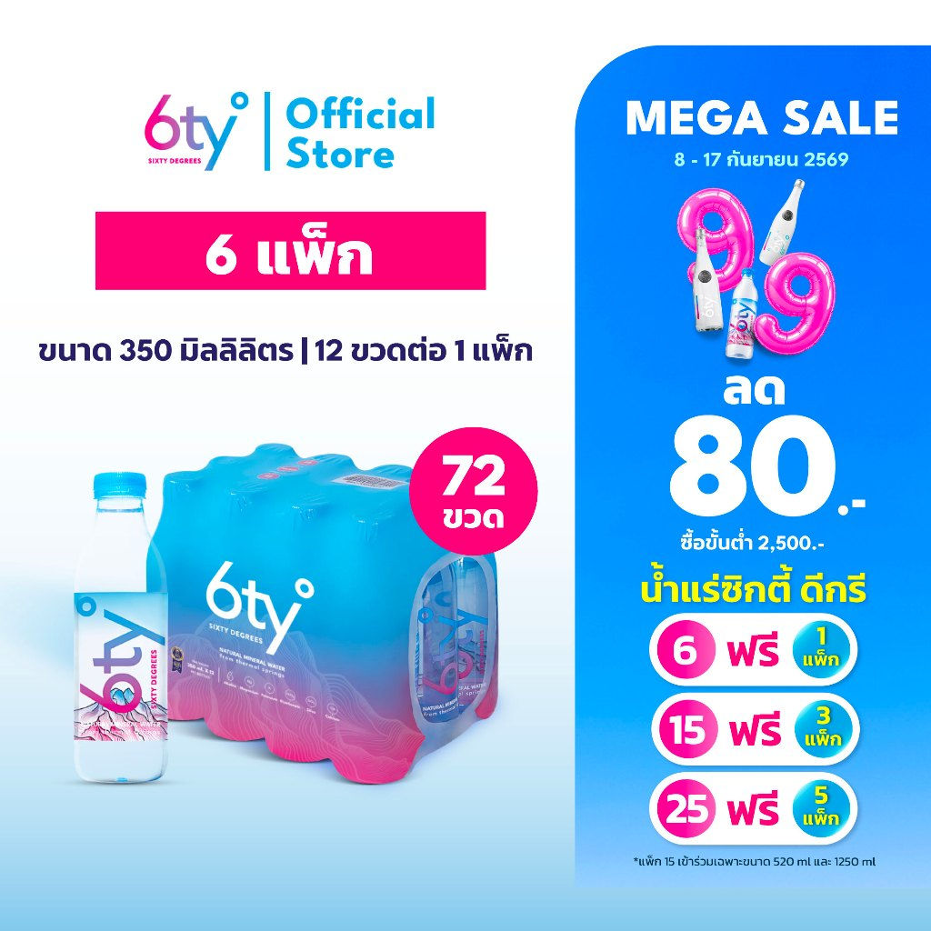 [6 แถม 1][ส่งฟรี] 520ml 6 แพ็ก 72 ขวด นํ้าแร่ 6ty Degrees Mineral Water น้ำแร่ธรรมชาติ 100% จากแหล่ง