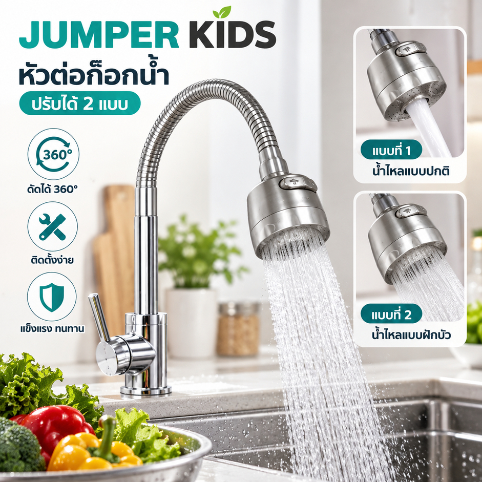 Jumper Kids ตัวแปลง หัวต่อก๊อกน้ำ ก๊อกน้ำล้างจาน ก๊อกน้ำปรับได้ ดัดได้ 360° องศา สีเงิน