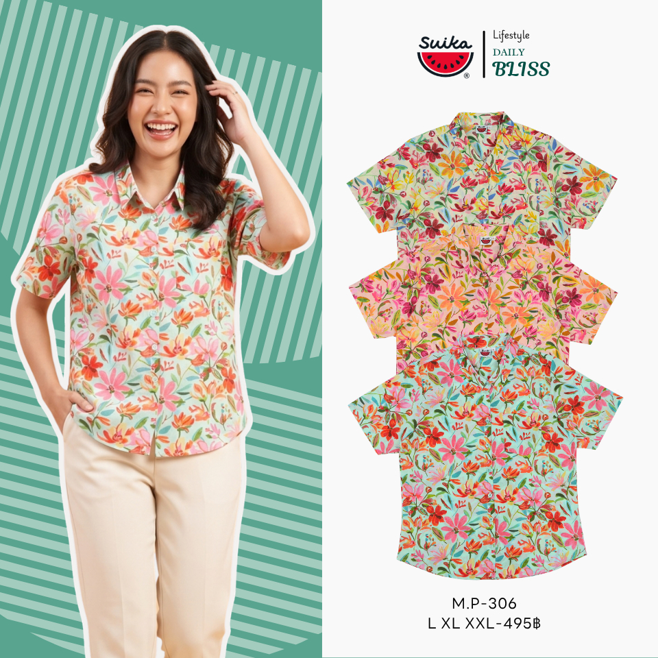 เสื้อแตงโม (SUIKA) แบบ: คอปกผ่าหน้าเข้ารูปนิดหนึ่งแขนสั้น ผ้าป่านมัสลิน (M.P-306 320 337 )