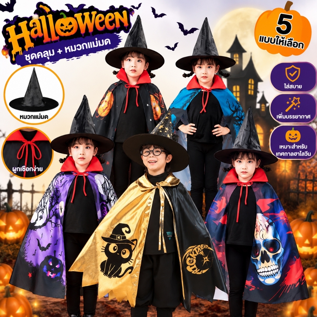 รุ่นใหม่2026 ผ้าคลุมฮาโลวีน พร้อมหมวก ผ้าคลุมแวมไพร์ Halloween มีตัวเลือกเด็กหรือผู้ใหญ่ เหมาะกับเด็กความสูง80-140cm